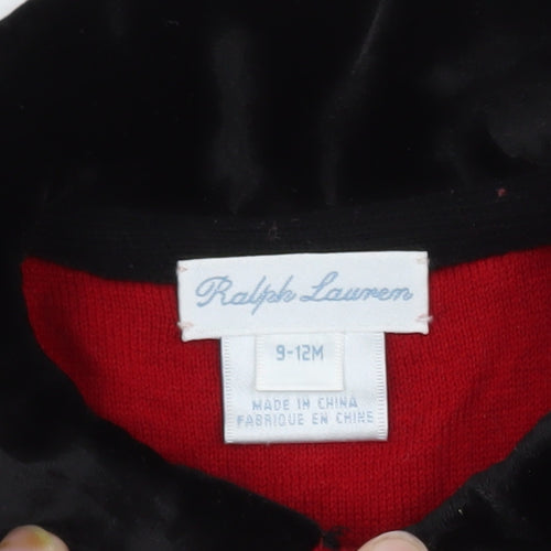Ralph Lauren Girls Red Wool Blend Cable Knit Collared Cardigan 9-12 Months