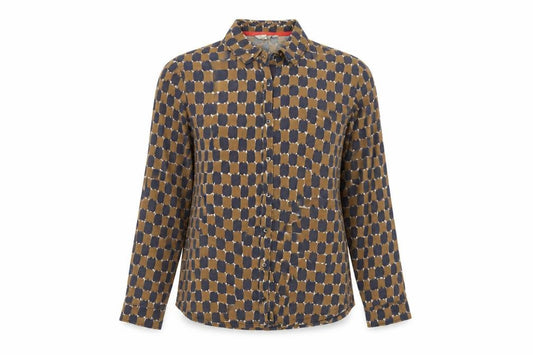 Front view of Boden Women’s Brown Geometric Long Sleeve Button-Up Shirt, size UK 10