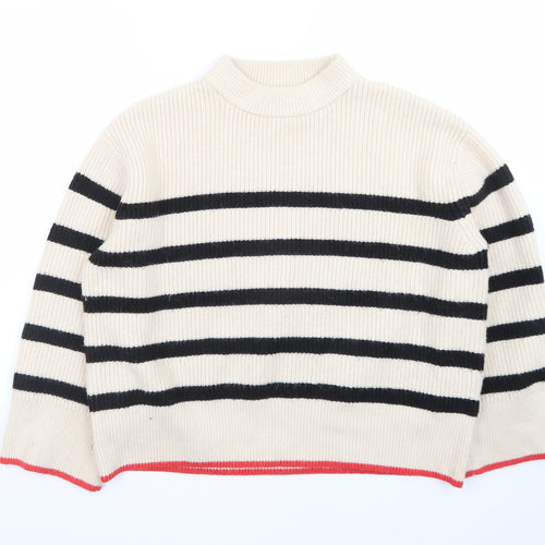 Zara Women Beige Stripe Mock Neck Knit Jumper Size S