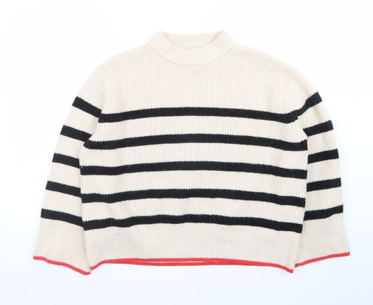 Zara Women Beige Stripe Mock Neck Knit Jumper Size S