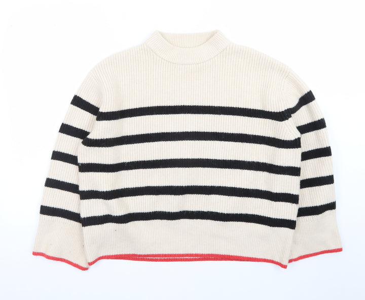 Zara Women Beige Stripe Mock Neck Knit Jumper Size S