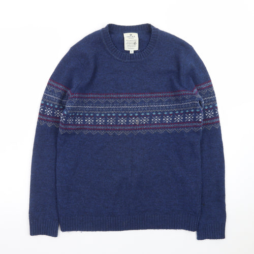 Melka Men's Blue Fair Isle Lambswool Crew Neck Jumper Size S
