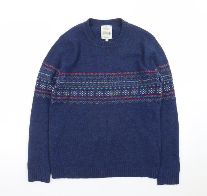 Melka Men's Blue Fair Isle Lambswool Crew Neck Jumper Size S
