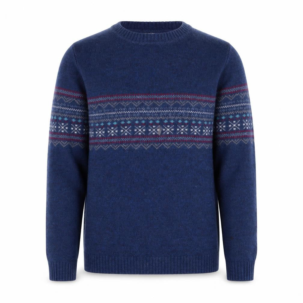 Front view of Melka Men's Blue Fair Isle Lambswool Crew Neck Jumper, size S
