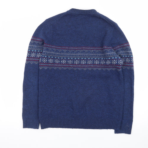 Melka Men's Blue Fair Isle Lambswool Crew Neck Jumper Size S