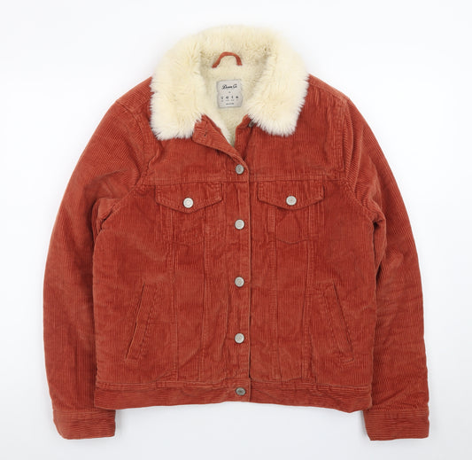 Denim Co. Womens Brown Corduroy Faux Fur Collar Jacket Size 12