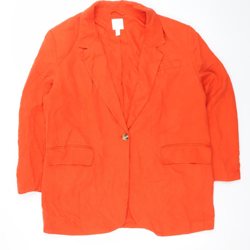 H&M Women Orange Cotton Blazer Size 16 Regular Fit Mid-Length