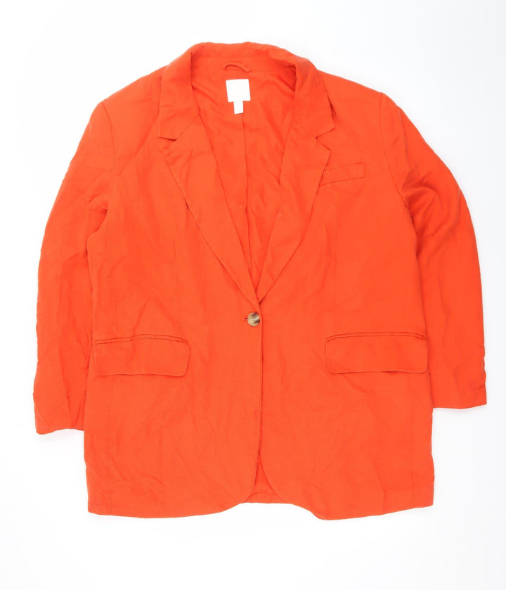H&M Women Orange Cotton Blazer Size 16 Regular Fit Mid-Length