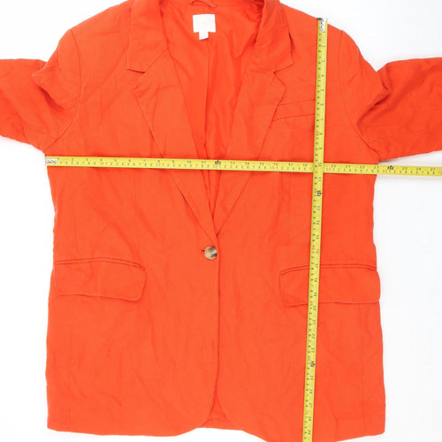 H&M Women Orange Cotton Blazer Size 16 Regular Fit Mid-Length