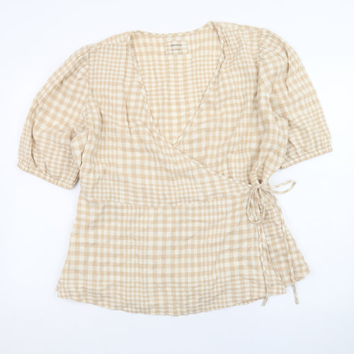 Marks and Spencer Women Beige Check Linen Blend Wrap Blouse Size 16