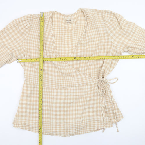 Marks and Spencer Women Beige Check Linen Blend Wrap Blouse Size 16