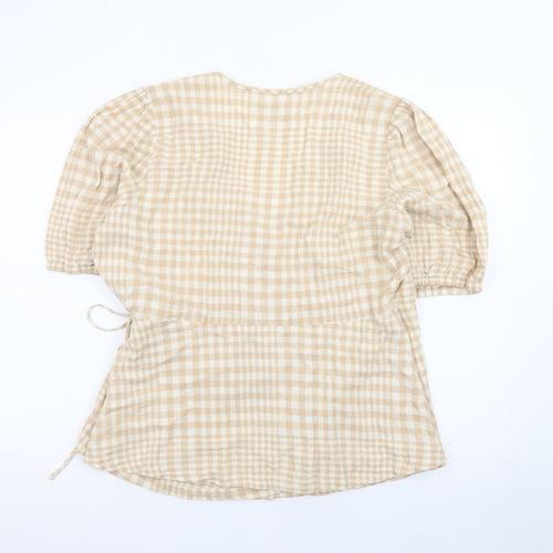 Marks and Spencer Women Beige Check Linen Blend Wrap Blouse Size 16