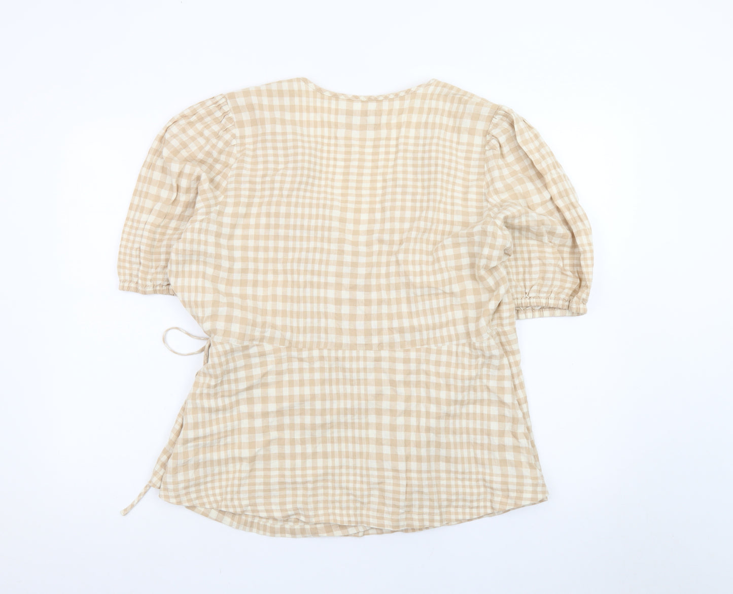 Marks and Spencer Women Beige Check Linen Blend Wrap Blouse Size 16