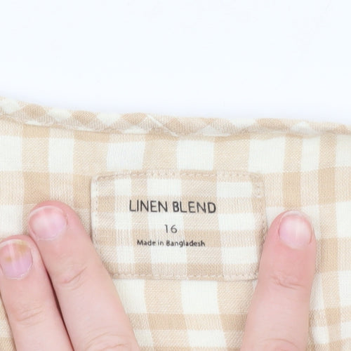 Marks and Spencer Women Beige Check Linen Blend Wrap Blouse Size 16