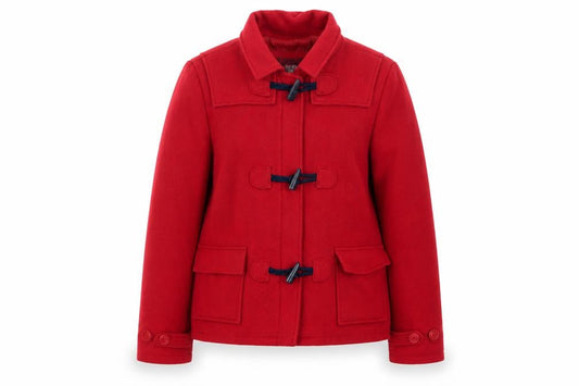 Front view of L&D Women Red Wool Toggle Coat, size 14, Short Duffle Style