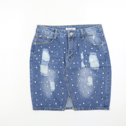 Cherry Koko Women Blue Denim Beaded Distressed Pencil Skirt L