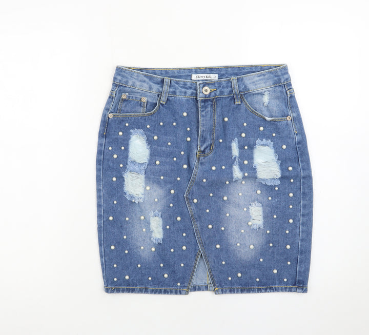 Cherry Koko Women Blue Denim Beaded Distressed Pencil Skirt L