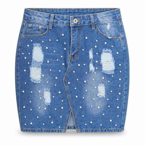 Cherry Koko Women Blue Denim Beaded Distressed Pencil Skirt L