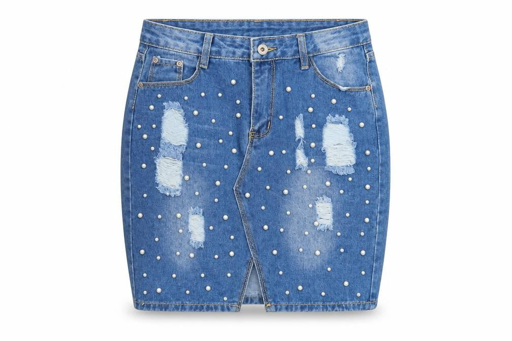 Cherry Koko Women Blue Denim Beaded Distressed Pencil Skirt L