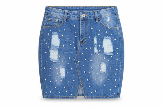 Front view of Cherry Koko Women Blue Denim Beaded Distressed Pencil Skirt L