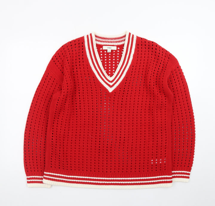 Marks and Spencer Womens Red Open Knit V-Neck Jumper Size M