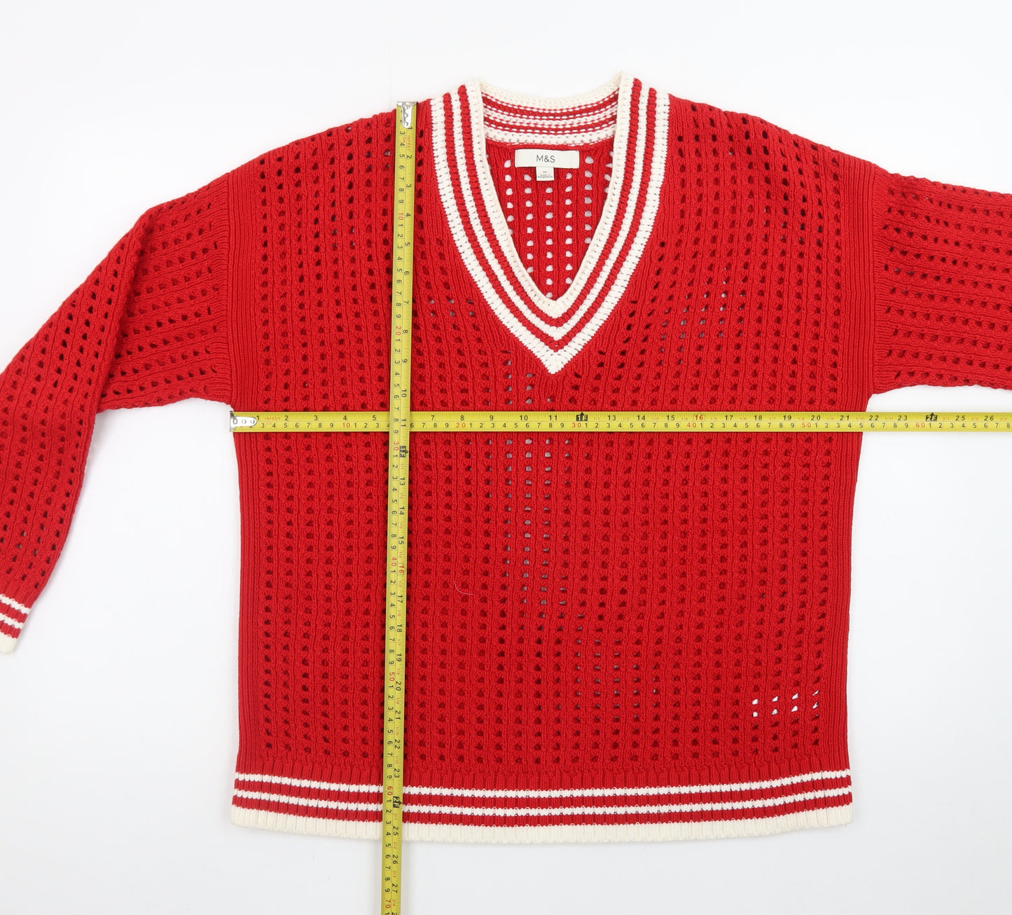 Marks and Spencer Womens Red Open Knit V-Neck Jumper Size M
