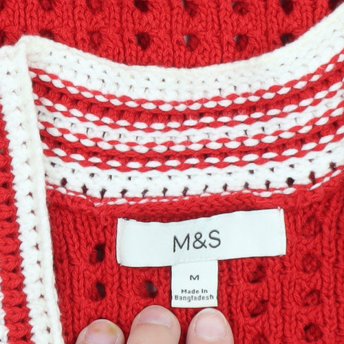 Marks and Spencer Womens Red Open Knit V-Neck Jumper Size M