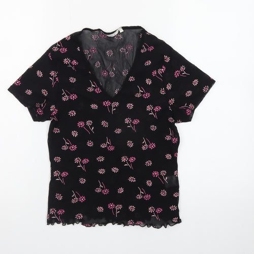 PRIMA Womens Black Floral Mesh V-Neck Short Sleeve Cropped Top Size 14