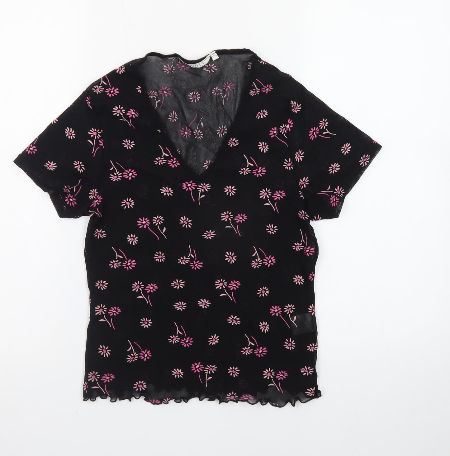 PRIMA Womens Black Floral Mesh V-Neck Short Sleeve Cropped Top Size 14