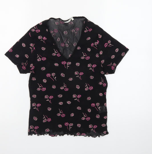 PRIMA Womens Black Floral Mesh V-Neck Short Sleeve Cropped Top Size 14