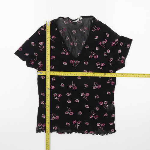 PRIMA Womens Black Floral Mesh V-Neck Short Sleeve Cropped Top Size 14
