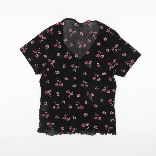 PRIMA Womens Black Floral Mesh V-Neck Short Sleeve Cropped Top Size 14