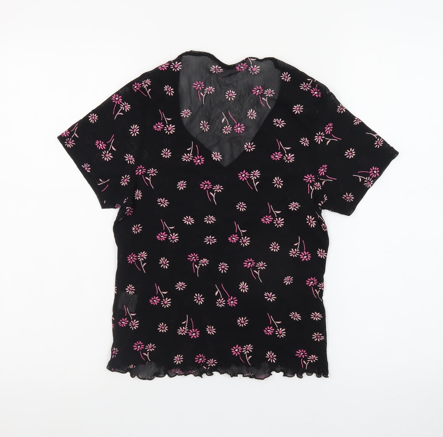 PRIMA Womens Black Floral Mesh V-Neck Short Sleeve Cropped Top Size 14