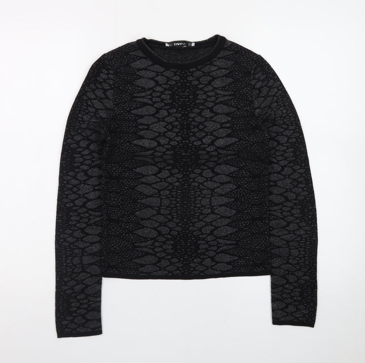 ZARA Women Black Animal Print Knit Jumper Size 8 Slim Fit