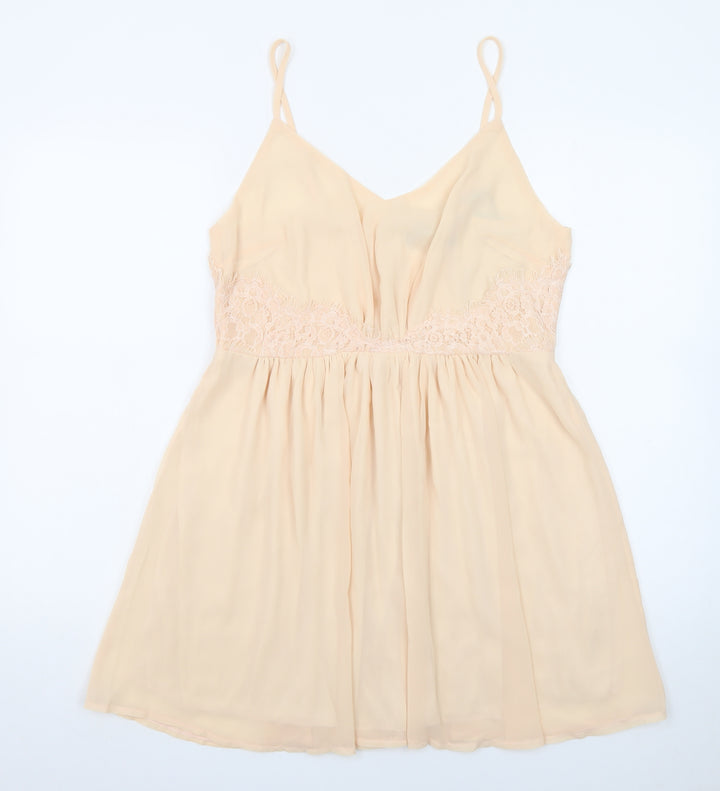 Missguided Women Beige Lace Slip Dress Size 8 Short V-Neck Chiffon