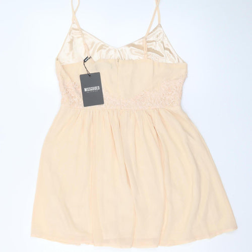 Missguided Women Beige Lace Slip Dress Size 8 Short V-Neck Chiffon