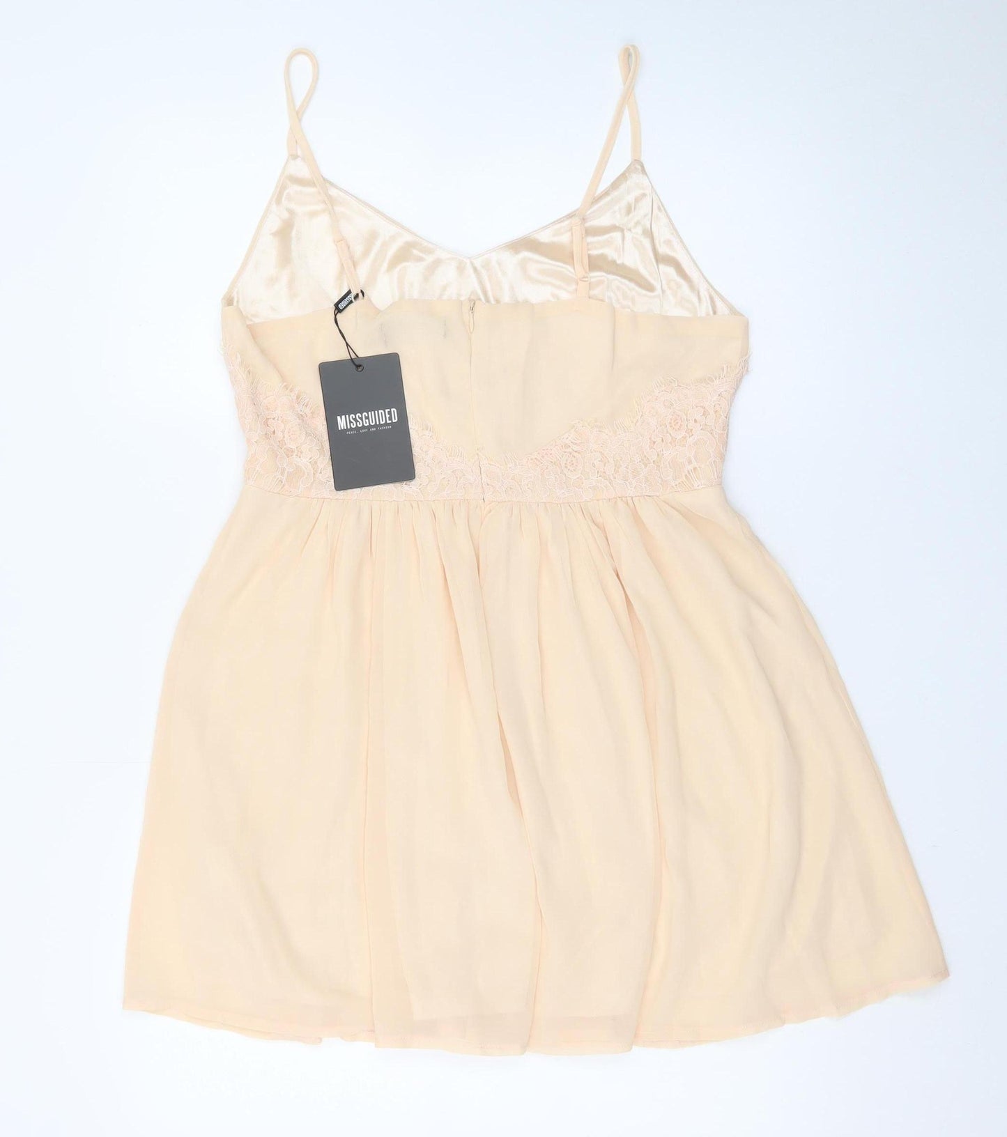 Missguided Women Beige Lace Slip Dress Size 8 Short V-Neck Chiffon