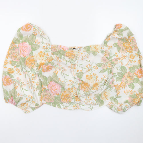 Monki Women’s Multicoloured Floral Cropped Blouse Size 16 Puff Sleeve