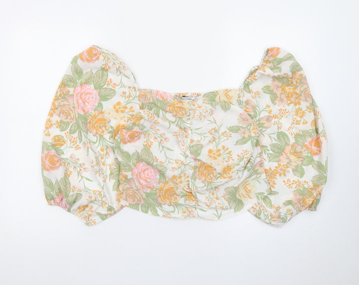 Monki Women’s Multicoloured Floral Cropped Blouse Size 16 Puff Sleeve