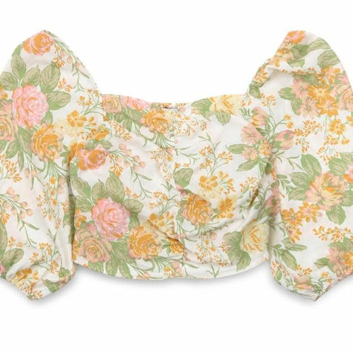 Monki Women’s Multicoloured Floral Cropped Blouse Size 16 Puff Sleeve