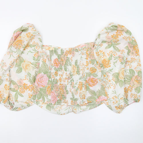 Monki Women’s Multicoloured Floral Cropped Blouse Size 16 Puff Sleeve