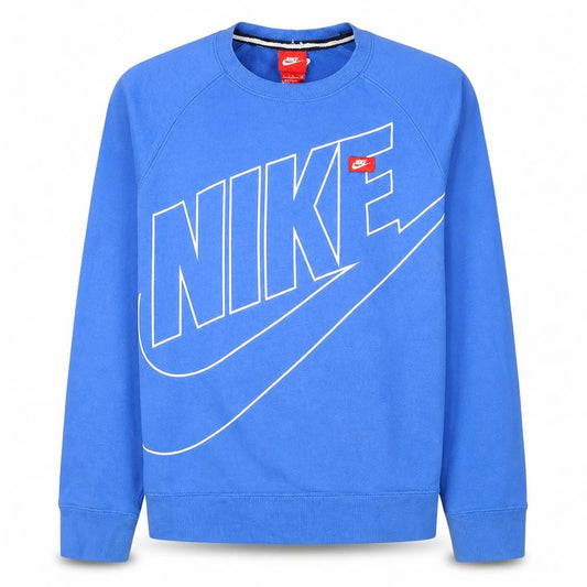 Front view of Nike men’s blue crew neck pullover sweatshirt, size S, graphic logo