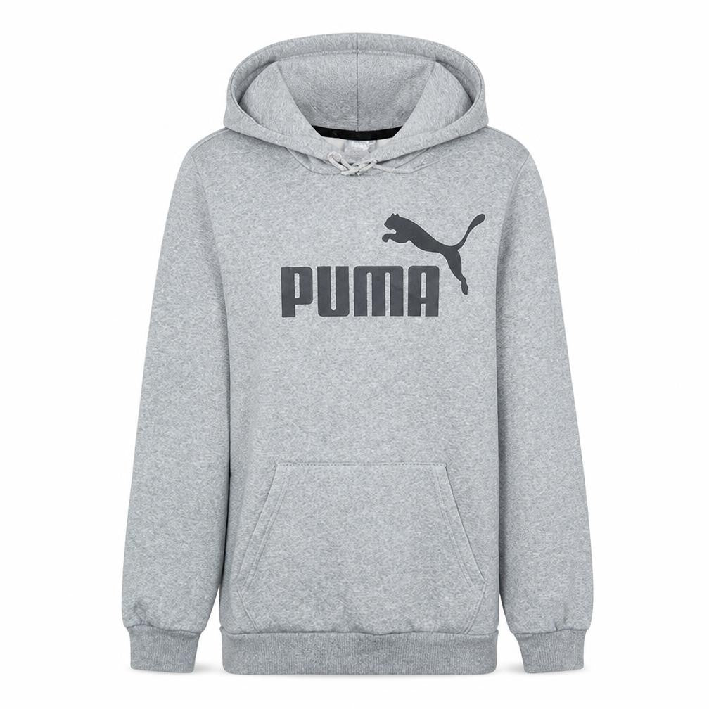Front view of Puma men’s grey xs pullover hoodie fleece logo sweatshirt