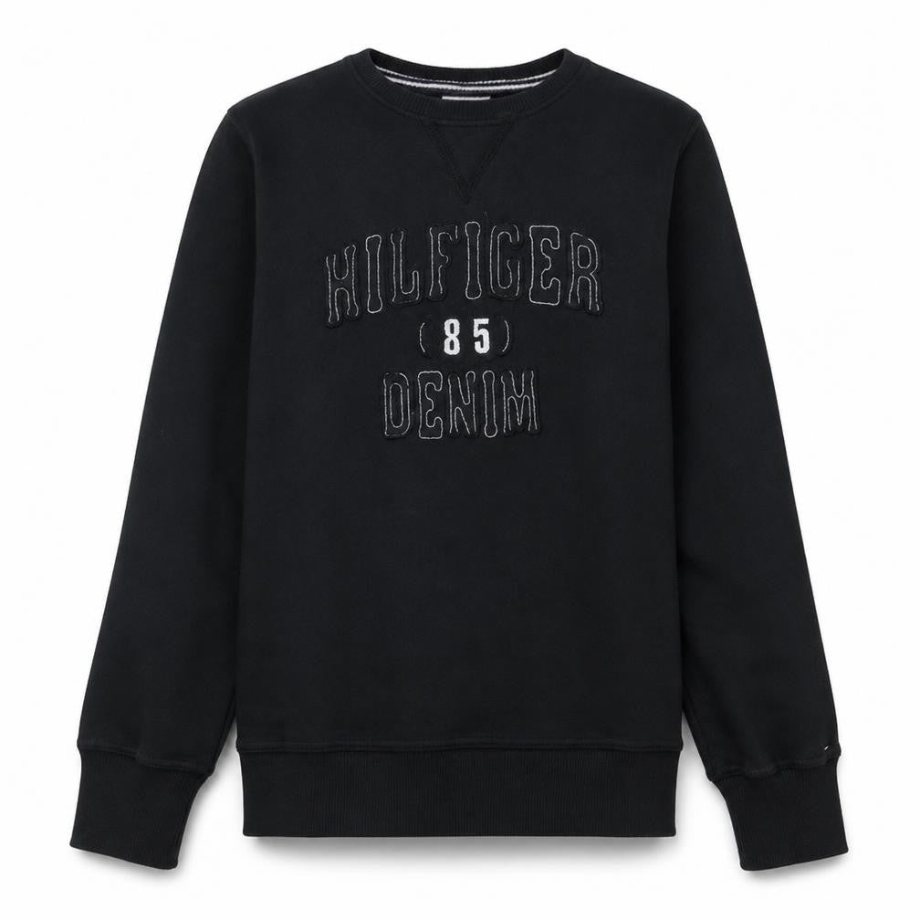Front view of Tommy Hilfiger Denim Men's Black Cotton Crew Neck Sweatshirt S