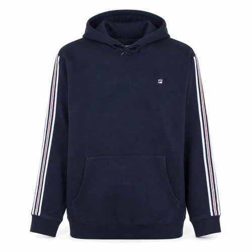 FILA Men’s Blue XL Pullover Hoodie with Logo and Striped Sleeves