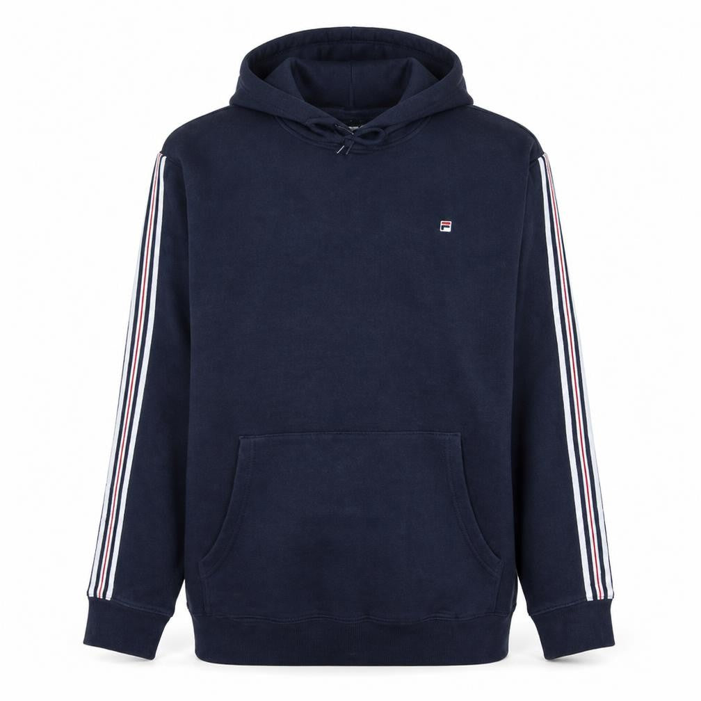 FILA Men’s Blue XL Pullover Hoodie with Logo and Striped Sleeves