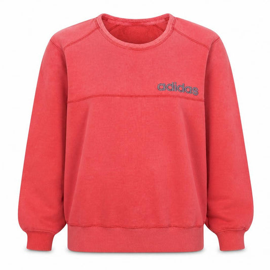 Front view of Adidas women’s red crew neck pullover sweatshirt, size UK 14, classic fit