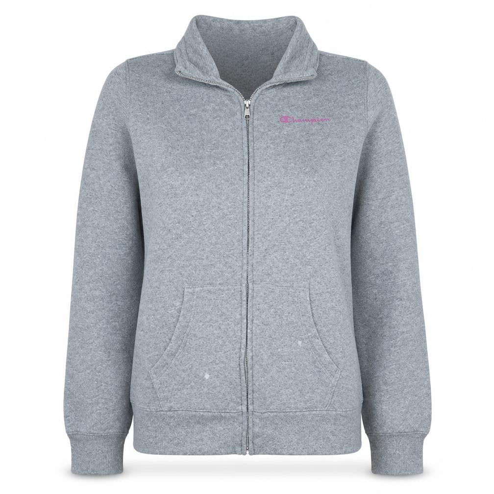 Front view of Champion women’s grey full zip sweatshirt medium hooded style