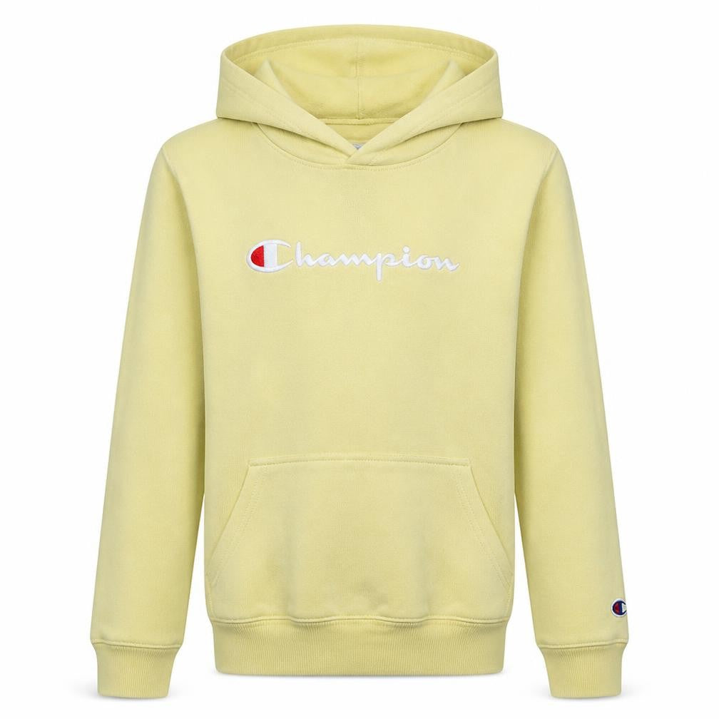 Front view of Champion boys’ yellow pullover hoodie, size 14, logo graphic cotton blend