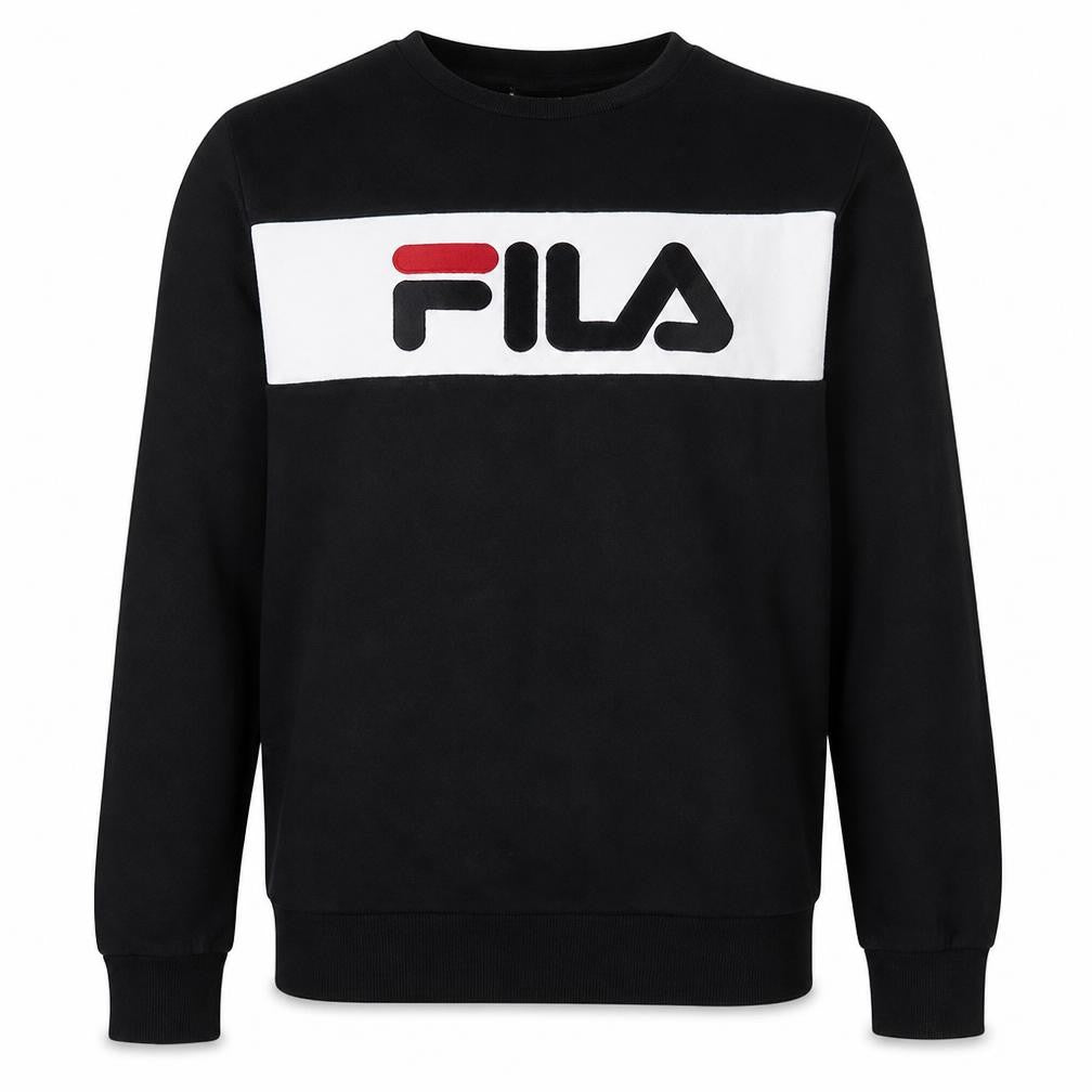 Front view of Fila men’s black small crew neck pullover logo sweatshirt